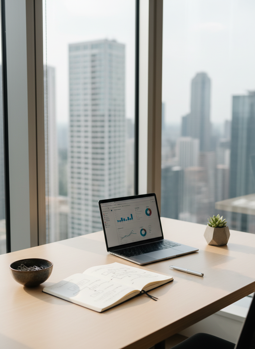 Ein großes, hochformatiges Foto eines minimalistischen Schreibtisches aus hellem Holz in einem Eckbüro mit Blick auf eine Stadt-Skyline. Auf dem Schreibtisch liegt ein aufgeschlagenes Notizbuch mit sorgfältig gezeichnetem Prozessfluss, daneben ein schlanker Laptop mit geöffnetem Dashboard und ein silberner Kugelschreiber. Links steht eine dezente, dunkle Keramikschale mit Büroklammern, rechts ein kleiner, geometrischer Betonpflanzkübel. Durch die bodentiefen Fenster strömt weiches Nachmittagslicht, das klare, ruhige Schatten wirft. Die Atmosphäre ist ruhig, strategisch und professionell, ideal zur Darstellung von Prozessdesign und Wertbeitrag. Fotografiert in leichtem Winkel von oben, mit ausgewogenem Bildaufbau und realistischer, klarer Bildsprache.