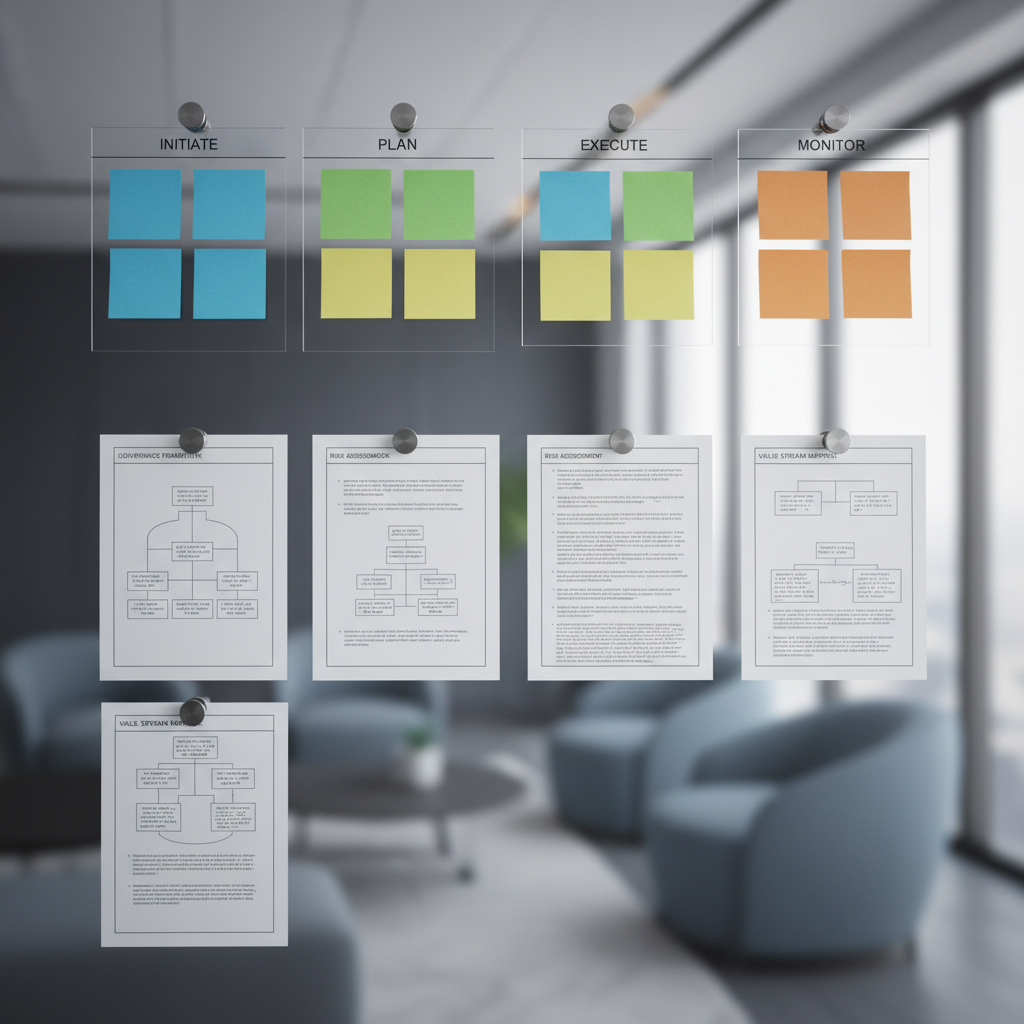 Ein fotografisch realistischer Close-up einer großen Glas-Pinnwand in einem modernen Büro, übersät mit geordnet angeordneten, farblich codierten Haftnotizen und klar strukturierten Prozesskarten, befestigt mit schlichten Magneten aus gebürstetem Metall. Dahinter verschwimmt eine elegante Bürolandschaft mit dezenten Grau- und Blautönen. Weiches, seitliches Tageslicht aus einem Fenster rechts erzeugt feine Schatten und hebt die Texturen des Papiers hervor. Die Stimmung ist analytisch und fokussiert, vermittelt strukturiertes Prozessmanagement und Governance-Professionalität. Die Aufnahme erfolgt frontal auf Augenhöhe, zentrierte Komposition mit leichter Tiefenunschärfe im Hintergrund, clean, modern und hochwertig für einen Governance-meets-Wertbeitrag-Blog.